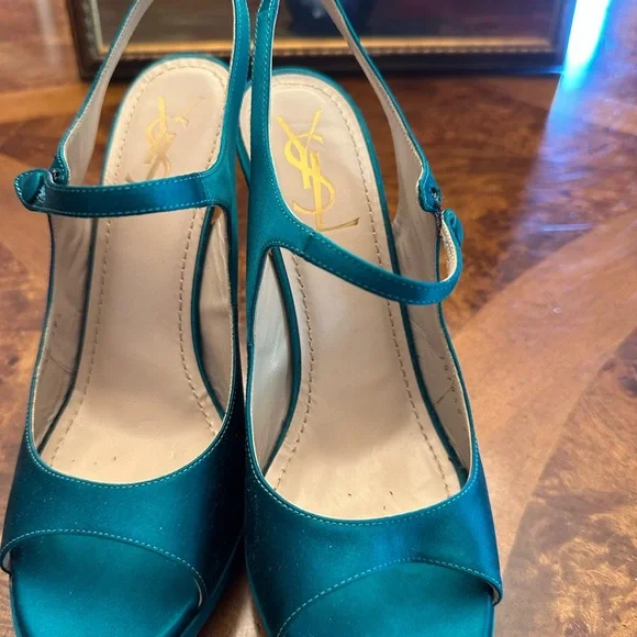 Yves Saint Laurent Blue Satin Slingback Heels